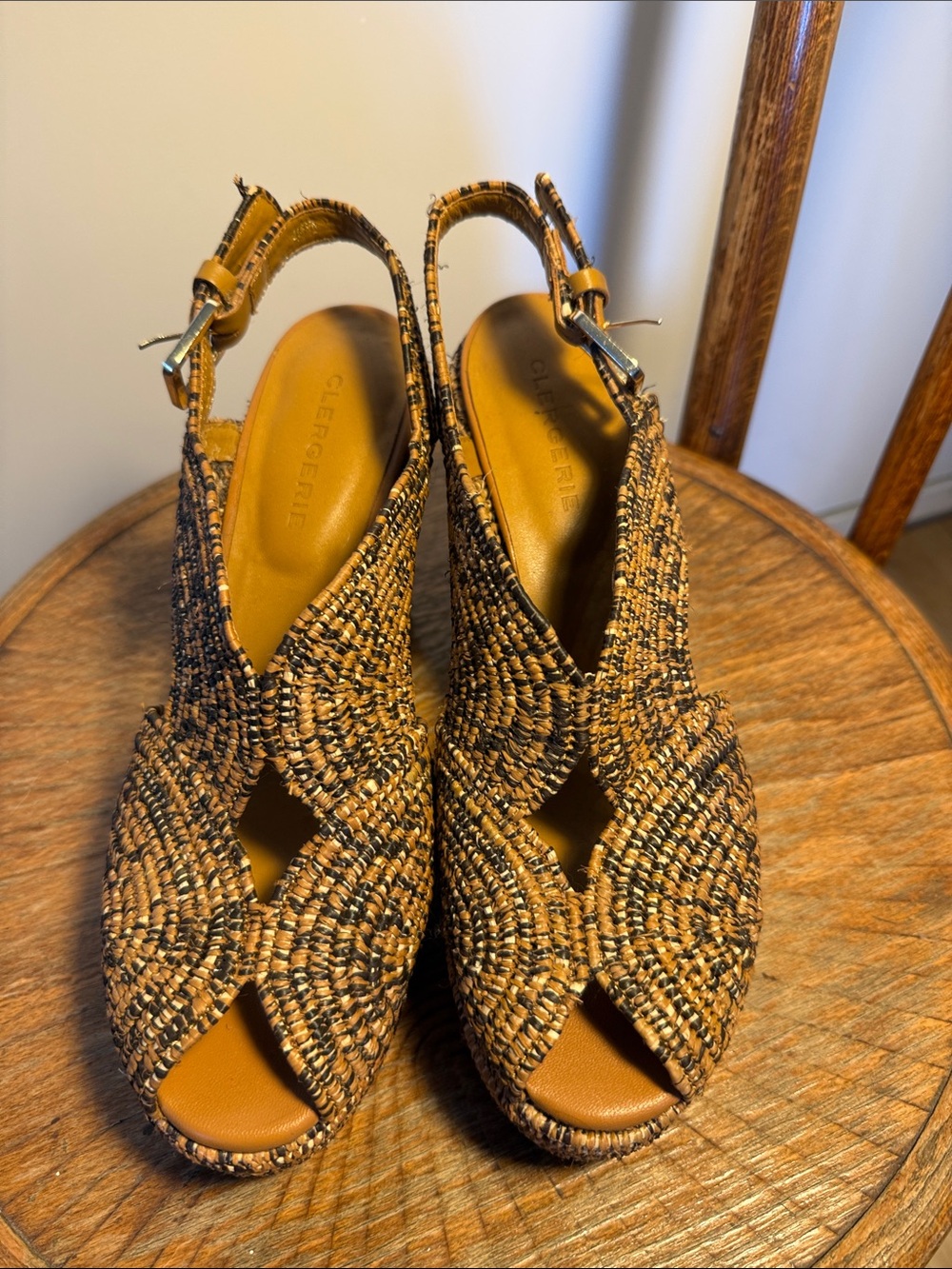 Robert Clergerie Woven Tan and Black Peep-Toe Slingback Wedges